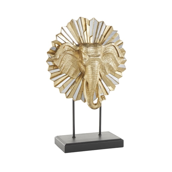 15" x 22" Gold Resin Elephant Sculpture with Mirrored Sunburst Accent and Black Stand, by DecMode