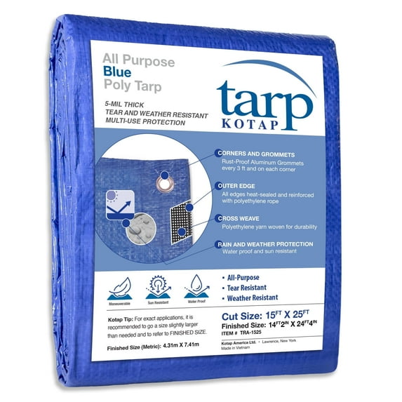 KOTAP 15 x 25 Ft. All-Purpose Protection/Coverage 5-mil Poly Tarp, Waterproof, Blue, TRA-1525