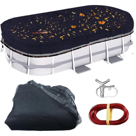 15 x 30 Foot Oval AboveGround Swimming Pool Leaf Net Cover With Winch and Cable, Winter Mesh Pool Cover Leaf Net for 15 X 30 FT Oval Above Ground Pools, Cover Size: 18 X 33 FT (Includes 3-ft Overlap)