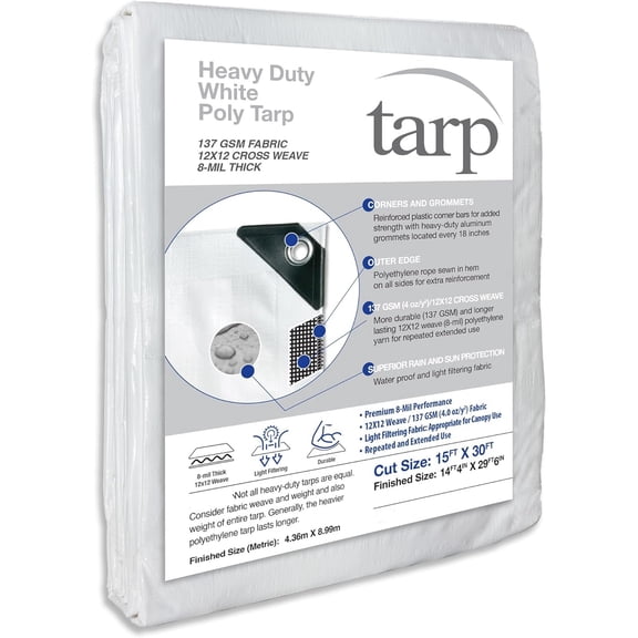 15 x 30 Ft. Heavy-Duty Protection/Coverage Tarp, Superior Weave for Greater Longevity 8-mil, Multi-Use, Waterproof, White, 1-Pack