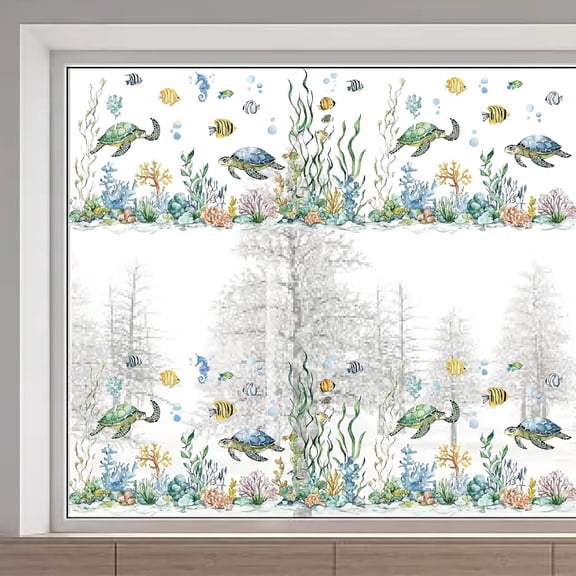 15 x 46 Inch Sea Turtle Window Stickers Large Underwater World Fish Coral Seaweed Ocean Animal Marine Non Adhesive Reusable Glass Window Decal Clings