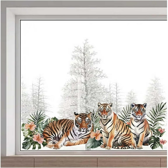 15 x 46 Inch Tiger Window Sticker Large Plants Flowers Animal Non Adhesive Reusable Anti Collision Decorative Window Decals Cling for Stop Birds Pets Strikes Home Room Nursery Decor colorful DIY