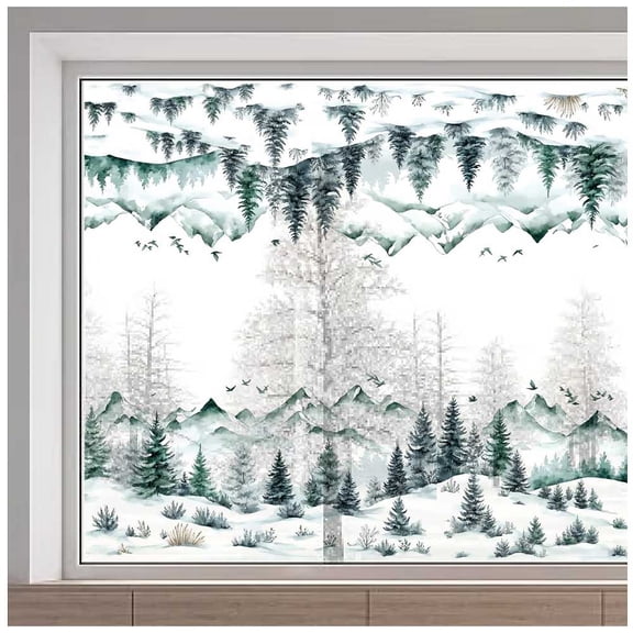 15 x 47 Inch Snowy Forest Mountain Window Cling Large Winter Tree Window Decals Reusable Anti-Collision Non-Adhesive PVC Stickers Static Cling