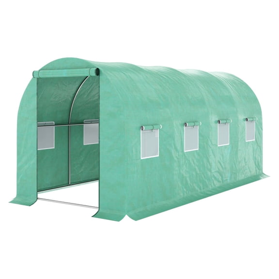15' x 7' x 6.5' Walk-in Tunnel Hoop Greenhouse, Green House with Polyethylene PE Cover, Steel Frame, Roll-Up Zipper Door & Windows for Flowers, Vegetables, Tropical Plants, Green