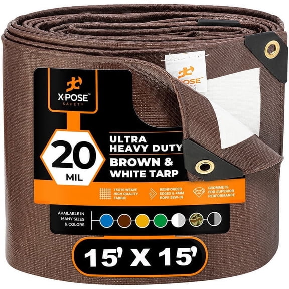 15' x 15' Brown/White Ultra Heavy Duty Tarp - 20 Mil Tarps Heavy Duty Waterproof 15x15 - Extra Large Outdoor Tarp, Waterproof Tarp Cover for Rain Camping, Tent Tarp, UV Protection, Reinforced Corners