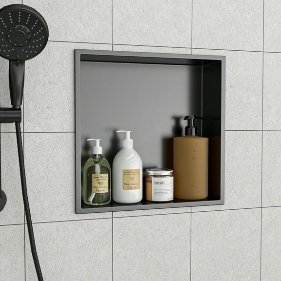 15"x15" Gunmetal Black Stainless Steel Shower Niche, Waterproof Recessed Wall Shelf for Bathroom, Kitchen, Cupboard Storage, Durable & Leak-Free Design