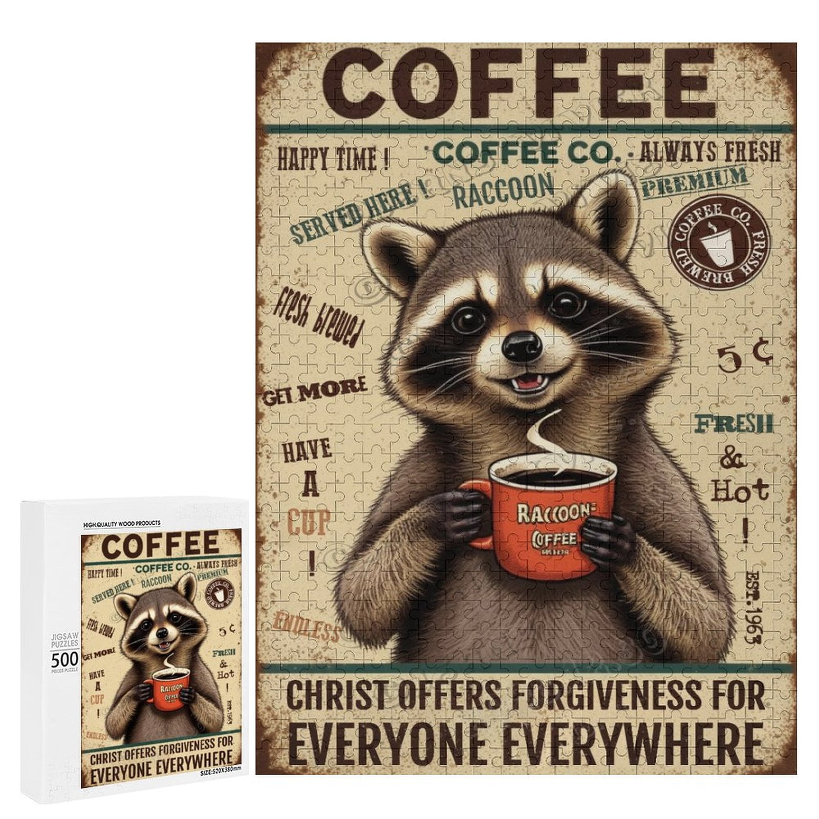 15"x21" Wooden Sign - Raccoon With Coffee, 500 Piece Jigsaw Puzzle for ...