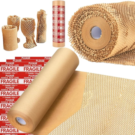 15"x500' Eco Friendly Packing Paper for Moving Recyclable Honeycomb Paper Moving Supplies Bubble Paper Wrapping Protective Roll, With 36 Fragile Sticker Labels