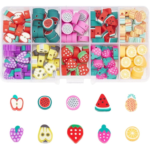 150~180Pcs Polymer Clay Fruit Beads 10 Styles Mixed Fruit Spacer Beads Cute Loose Beads for Necklace Bracelet Jewelry Making AccessoriesMixed Color
