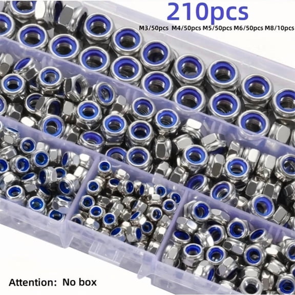 150/210Pcs Stainless Steel Hex Lock Nuts Assortment, Anti‑Slip Self‑Locking Nuts M3‑M8 & M4‑M6 for Industrial Construction Automotive Fastening