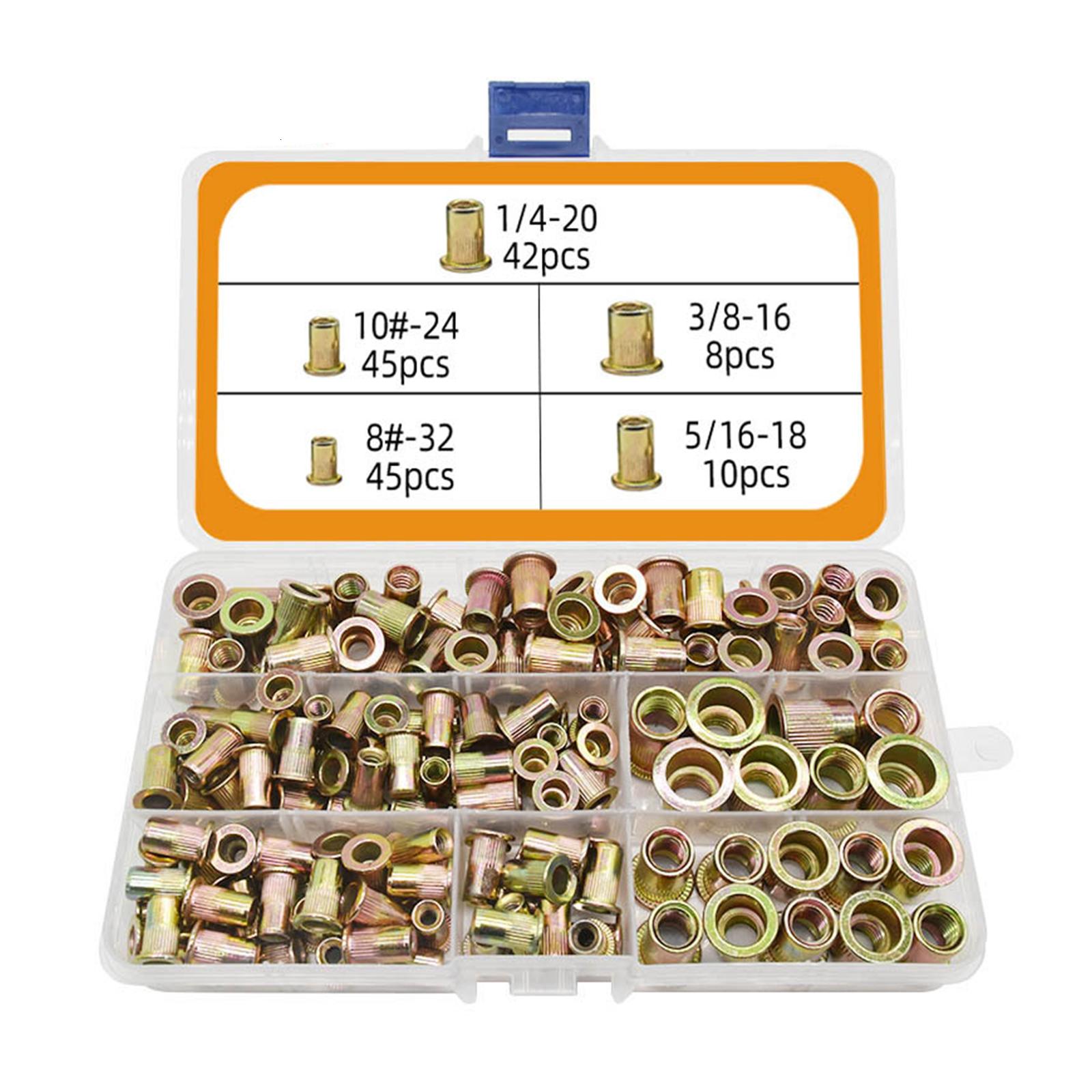 150/230Pcs SAE & Metric Rivets Nut Kit Carbon Steel Flat for Head Threaded Insert Nuts 8#-32 10#-24 1/4-20 5/16-18 3/8-1