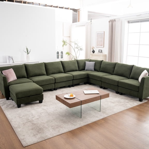 150.4" Oversized L-Shaped Linen Modular Sectional Sofa, Modern 8-Seater Corner Couch with Storage Ottoman and USB Ports for Living Room