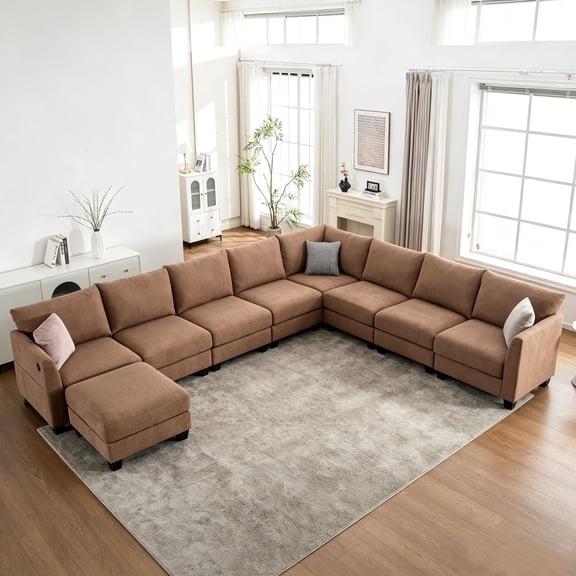 150.4" Oversized L-Shaped Linen Modular Sectional Sofa, Modern 8-Seater Corner Couch with Storage Ottoman and USB Ports for Living Room