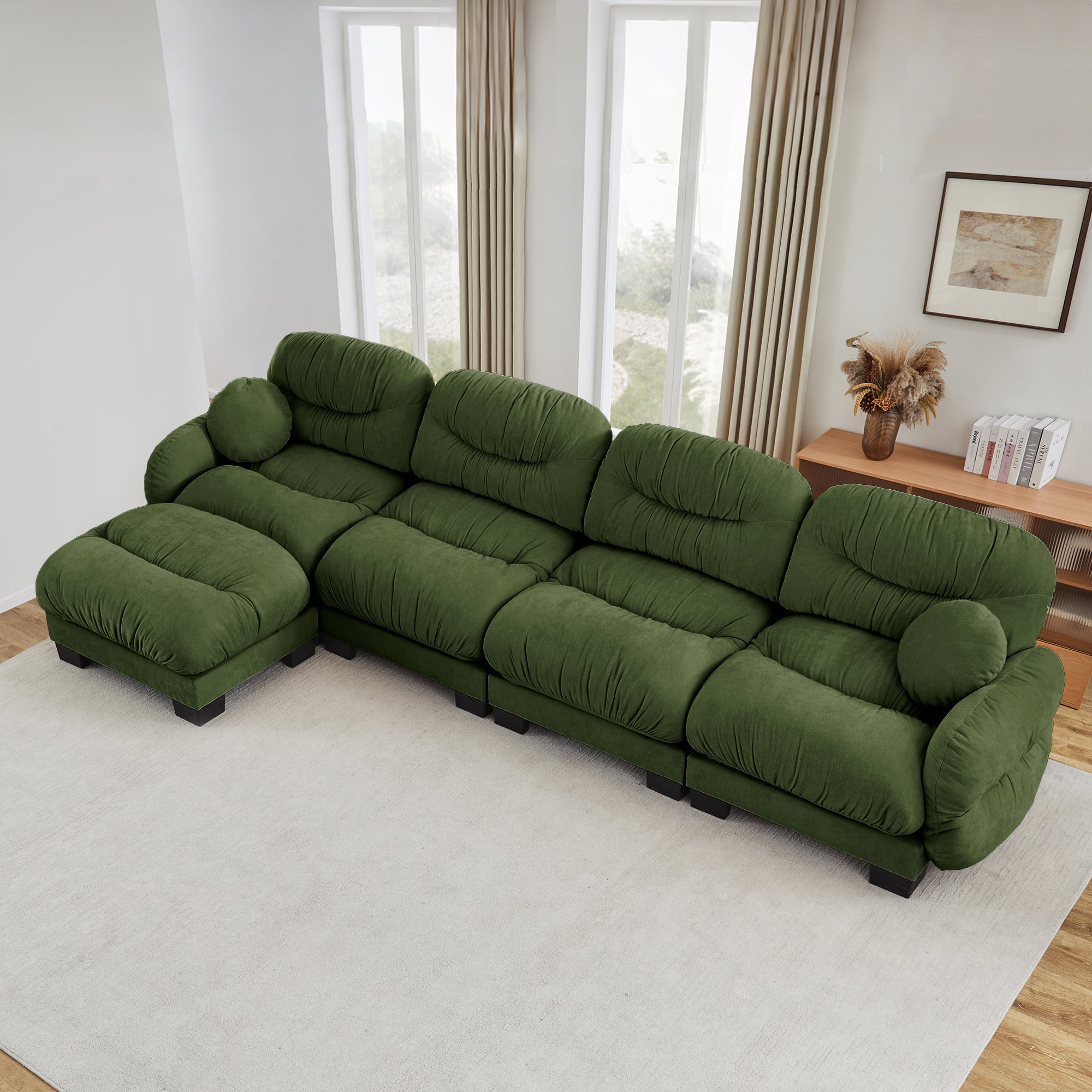 150" 4 Seater Sectional Couch Cozy Chenille Modular Sofa with Ottoman and 2 Throw Pillows