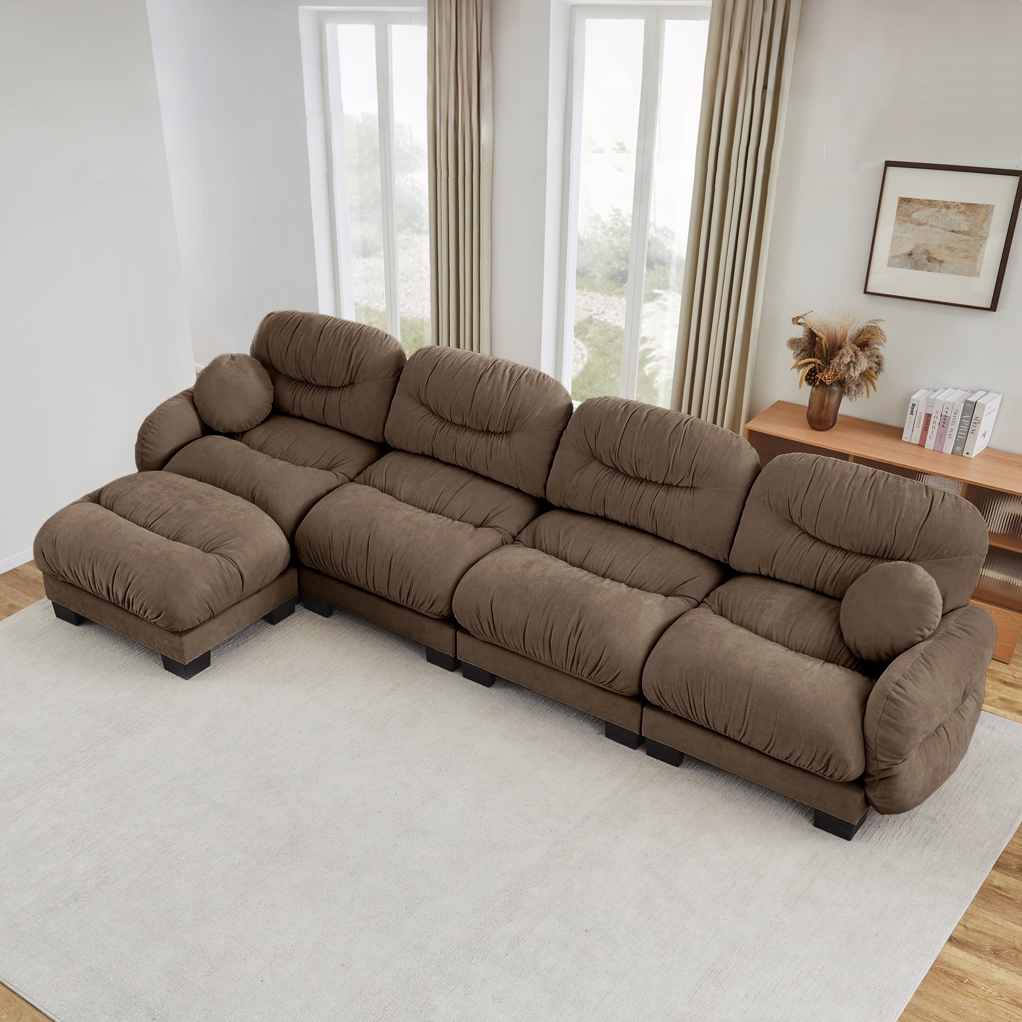 150" 4 Seater Sectional Couch Cozy Chenille Modular Sofa with Ottoman and 2 Throw Pillows
