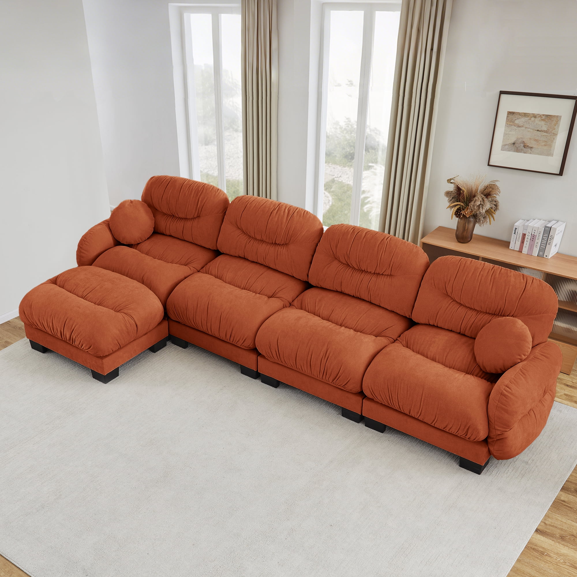 150" 4 Seater Sectional Couch Cozy Chenille Modular Sofa with Ottoman and 2 Throw Pillows