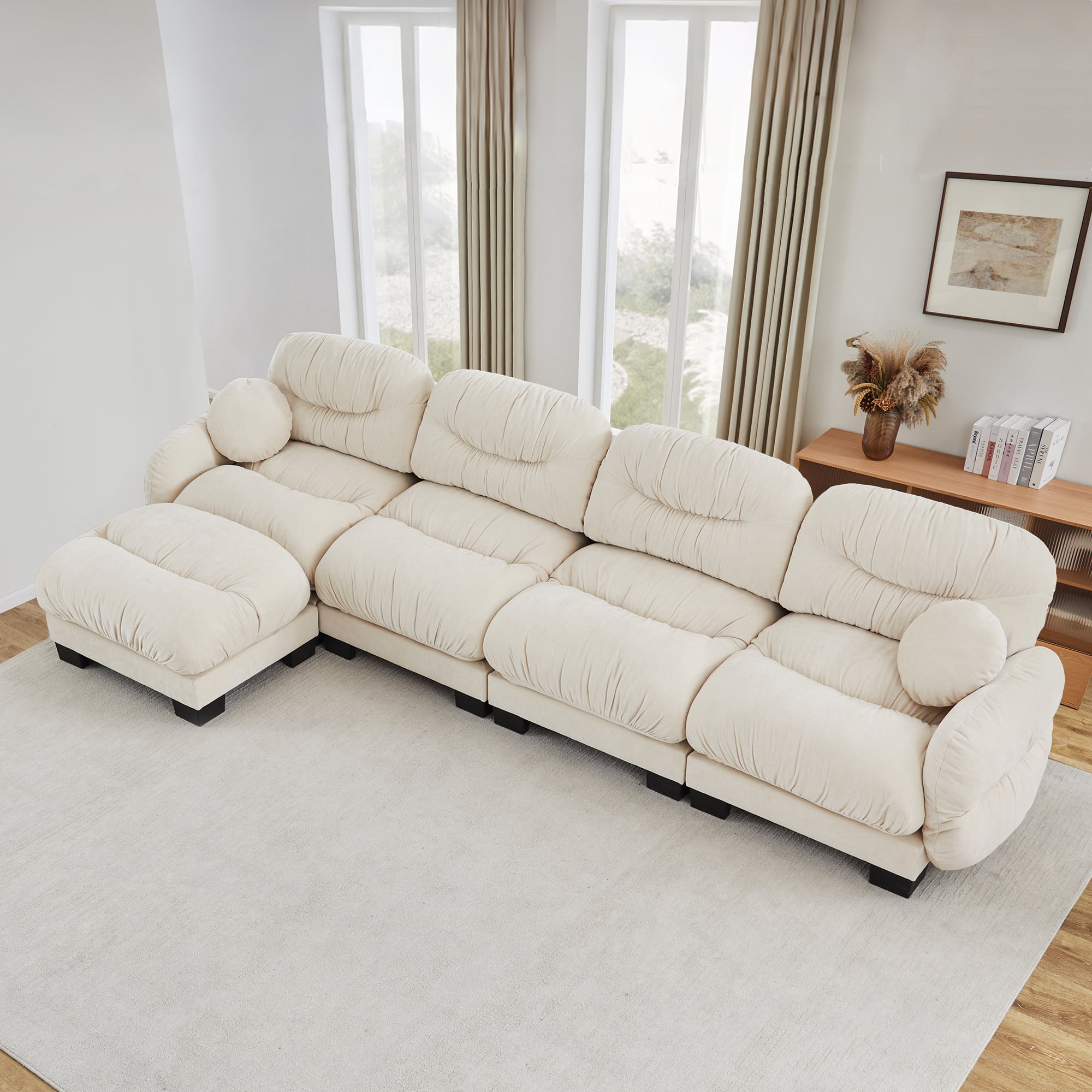 150" 4 Seater Sectional Couch Cozy Chenille Modular Sofa with Ottoman and 2 Throw Pillows