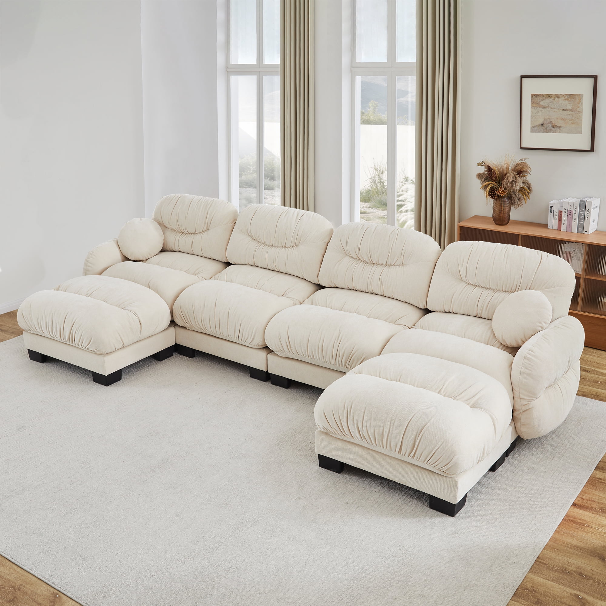 150" 4 Seater Sectional Couch Cozy Chenille U Shape Modular Sofa with 2 Ottoman and 2 Throw Pillows