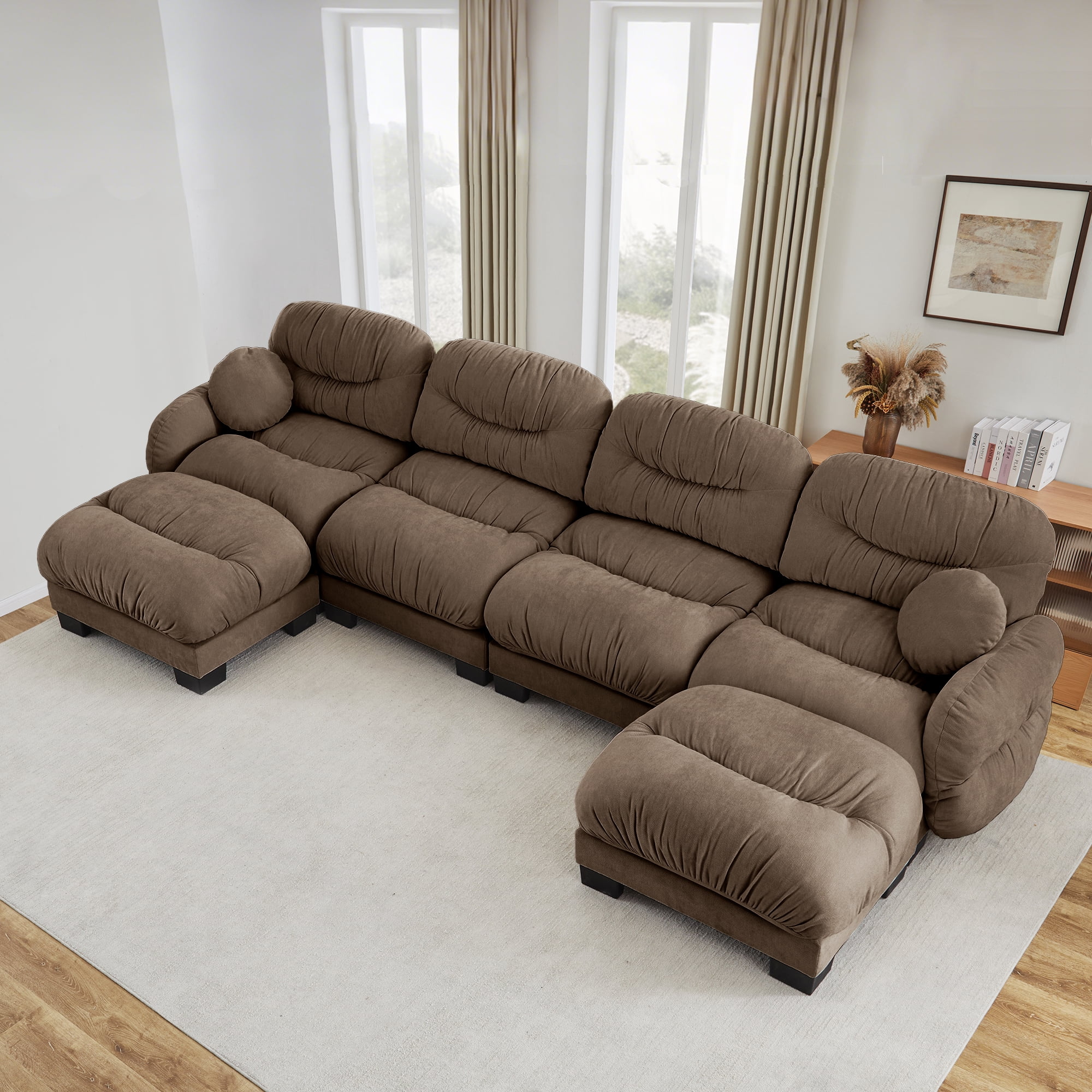 150" 4 Seater Sectional Couch Cozy Chenille U Shape Modular Sofa with 2 Ottoman and 2 Throw Pillows