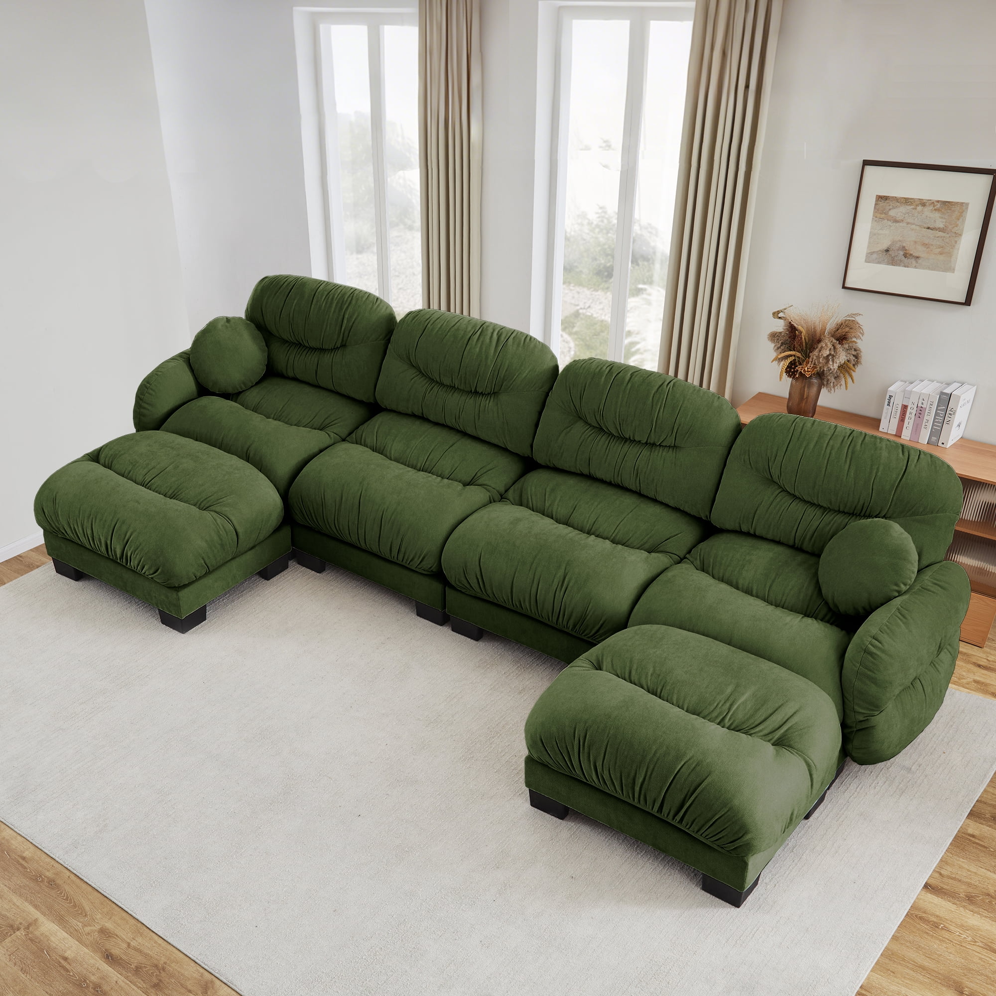 150" 4 Seater Sectional Couch Cozy Chenille U Shape Modular Sofa with 2 Ottoman and 2 Throw Pillows