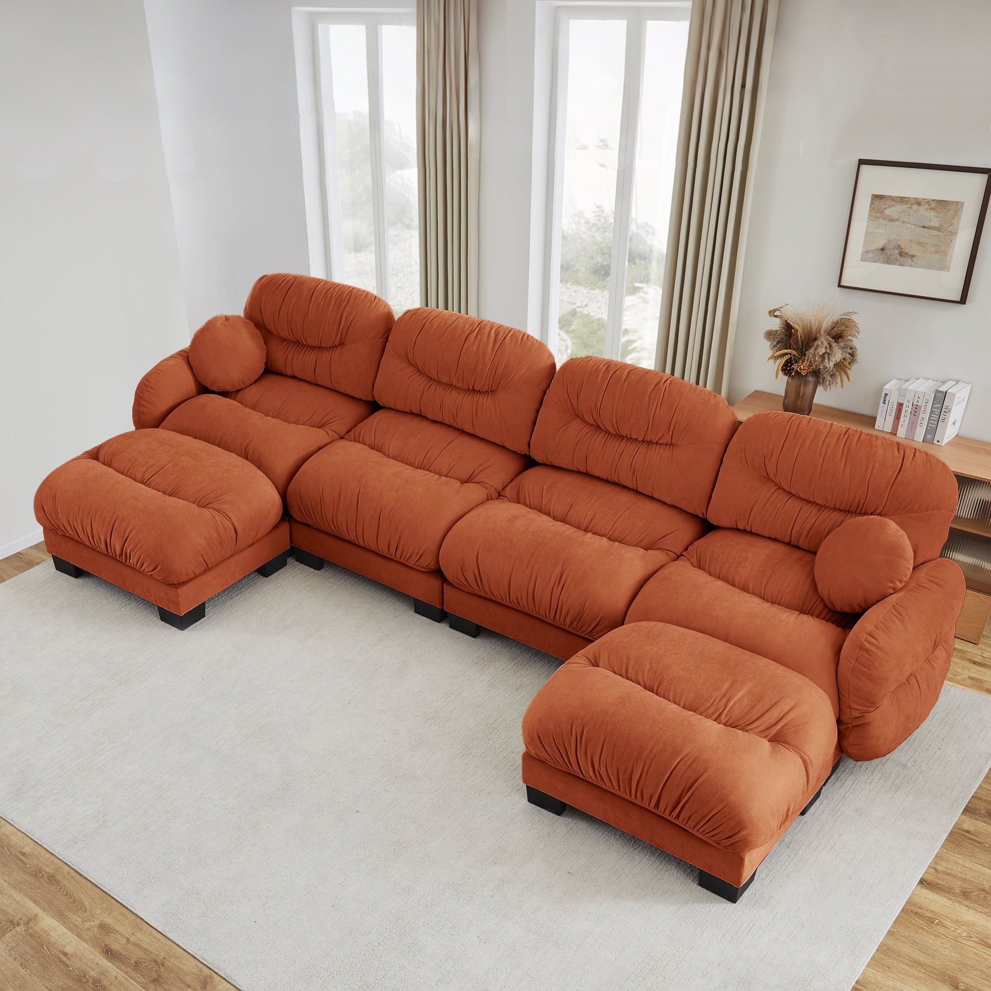 150" 4 Seater Sectional Couch Cozy Chenille U Shape Modular Sofa with 2 Ottoman and 2 Throw Pillows