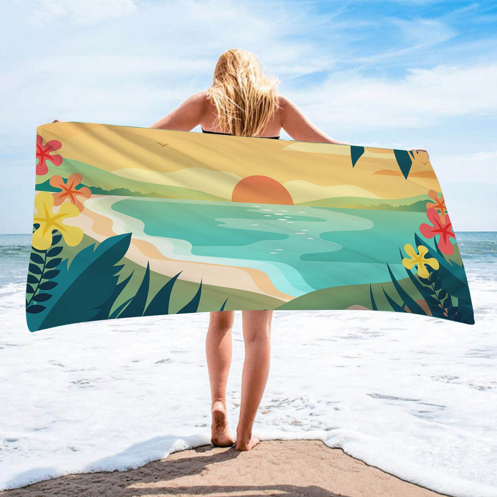 150*75cm Sun And Setting Sun Pattern Microfiber Beach Towels For Travel