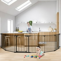 150'' Baby Gate, 6Panels Safety Gate Extra Wide 30''H House Doorways Fireplace,Auto Close Pet Gate, black