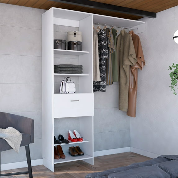 150 Bedroom Closet, White Color, 5 Open Shelves, 1 Drawer, Metal Rod, Exquisite Closet System, White, Decoration