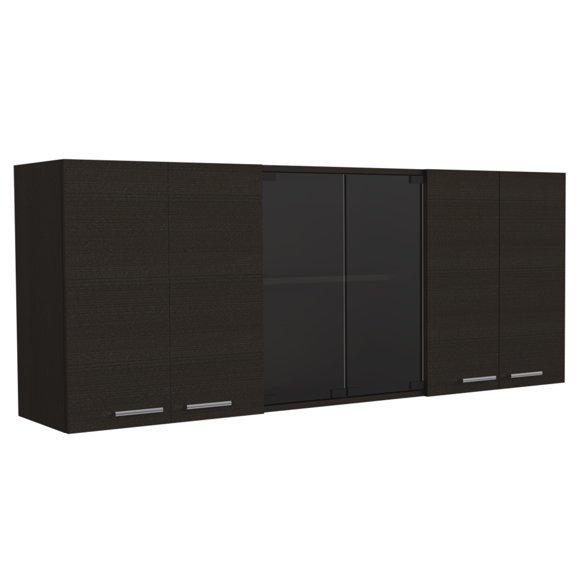 150" Black Wall Cabinet with 2 Closed Cabinets & 2 Open Shelves, Modern Storage Buffet for Dining Room - Glass Door & Built-In Dish Rack