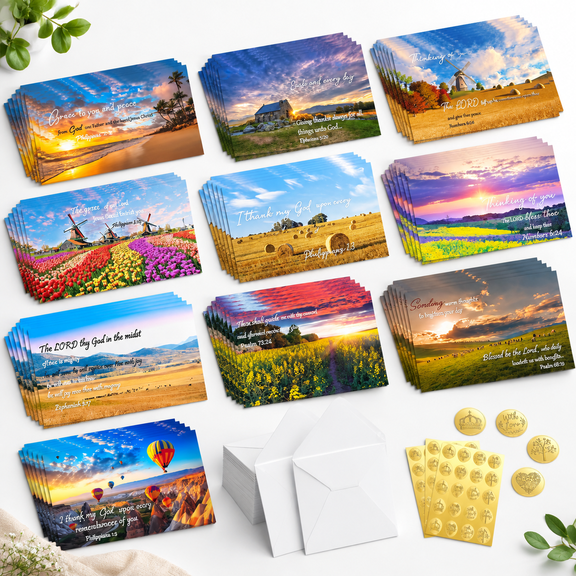 150 Bulk Religious Thinking of You Greeting Cards with 10 Designs, Scripture Verses and Envelopes