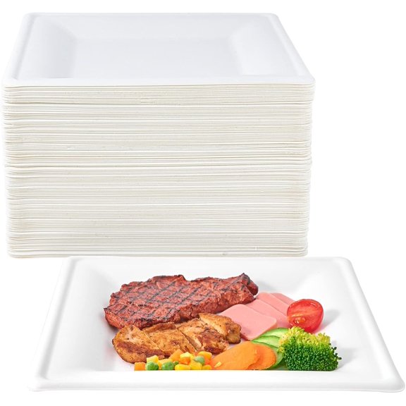 150 Count 10 Inch Square Compostable Sugarcane Bagasse Plates White