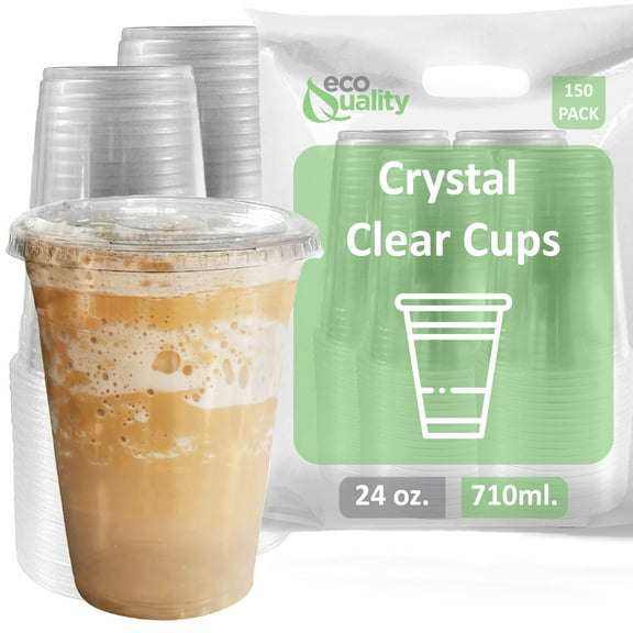 [150 Count] 24 oz Clear Plastic Disposable PET Cups with Lids | Crystal Clear PET Cup | Cold Smoothie | Iced Coffee Go Cups | Ideal for Coffee, Parfait, Juice, Soda, Cocktail, Party Cups (24OZ)