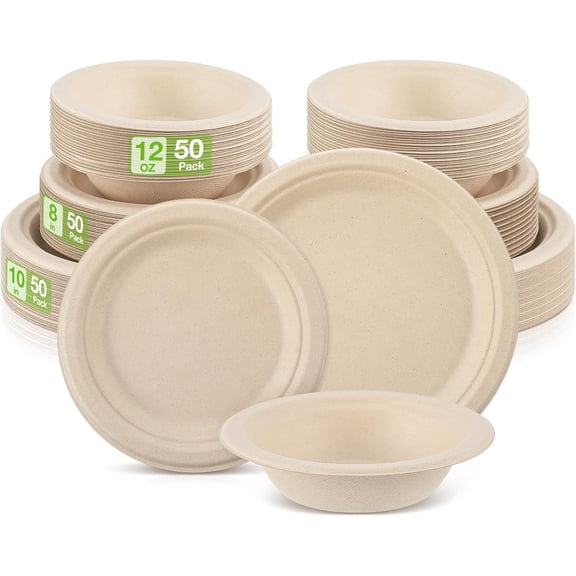 150 Count Compostable Straw Fiber Paper Plates and Bowls Set  8 Inch, 10 Inch, and 12 oz Biodegradable Disposable Dinnerware for Parties