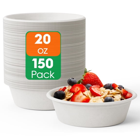 150 Count Disposable Compostable Large Paper Bowls – 20 oz, Heavy Duty Bagasse Bowls for Family Lunch, Dinner, Camping, Party, Microwave and Freezer Safe, Available in White and Natural