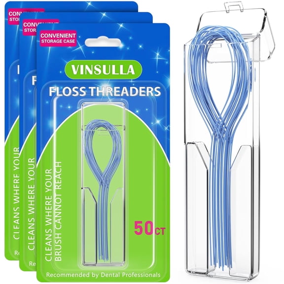 150 Count Floss Threaders for Braces, Bridges, and Implants (3 Packs of 50) - Flexible Nylon Threading Loops - Slim & Durable Dental Floss Helpers for Crowns & Orthodontic Appliances