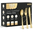 thumbnail image 1 of GPED 150 Count Gold Plastic Silverware Set, Heavy Duty Disposable Cutlery Set, Includes 50 Forks, 50 Spoons, 50 Knives, Heat Resistant & BPA Free Disposable Silverware for Party Supply, 1 of 7