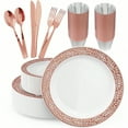 thumbnail image 1 of 150 Count Rose Gold Dinnerware Set, Elegant Plastic Plates Include: 25 Gold Lace Plastic Plates, 25 Dessert Plates, 25 Forks, 25 Knives, 25 Spoons, 25 Cups For Party, Thanksgiving, 1 of 5