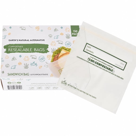 150 Count Sandwich Compostable Food Storage Bags, Off White, Resealable