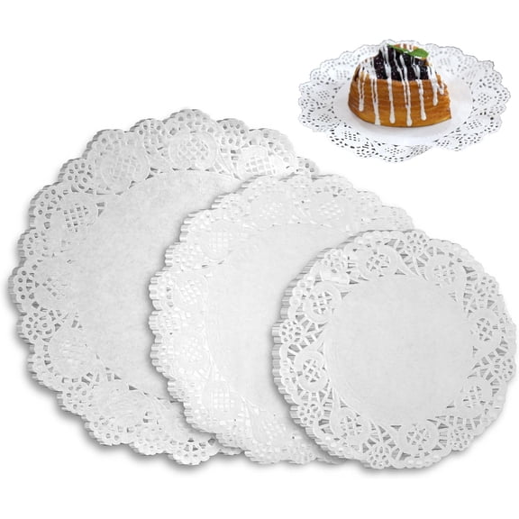 150-Count White Paper Lace Doilies (Assorted 6.5, 8.5, 10.5 inches) tive Placemats For Cakes, Desserts & Table Settings
