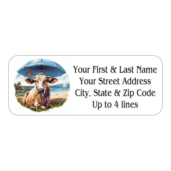 150 Cow On Beach Umbrella Return Address Labels Personalized Printed 1 X 2 5/8