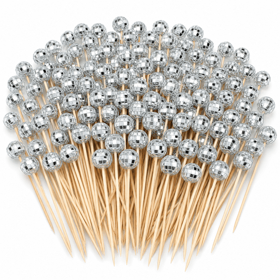 150 Disco Ball Cocktail Picks Stirrers 4.7 Inch Mirror Fancy Toothpicks Appetizer Skewers Wooden Sticks For Wedding Birthday Theme Party Supplies