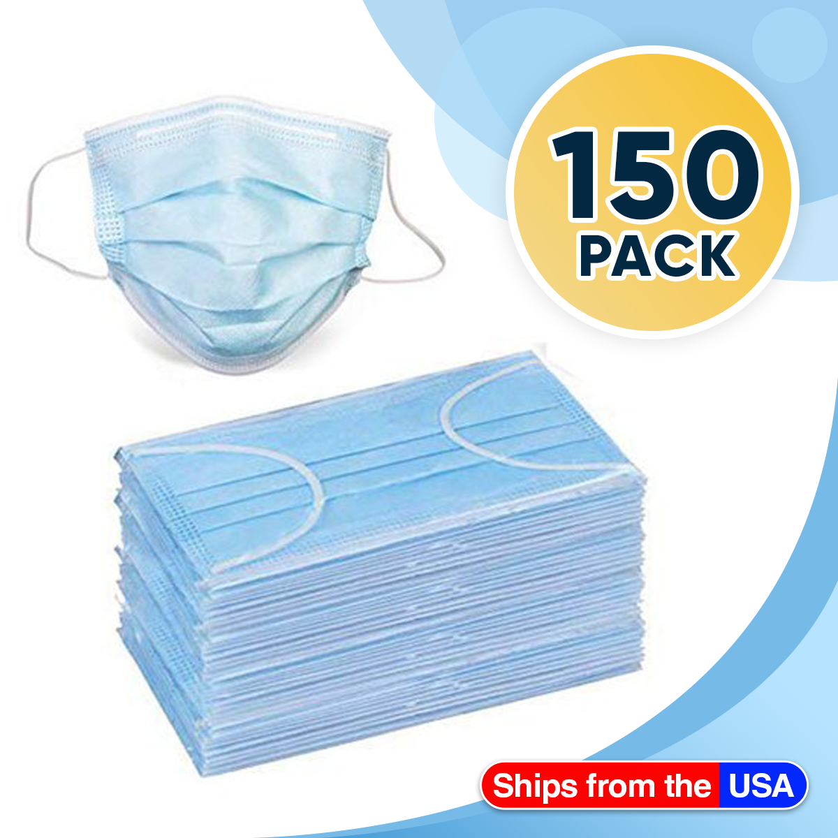 150 Disposable Face Masks, 3-ply Breathable Masks, Elastic Ear Loop Mask - image 1 of 2
