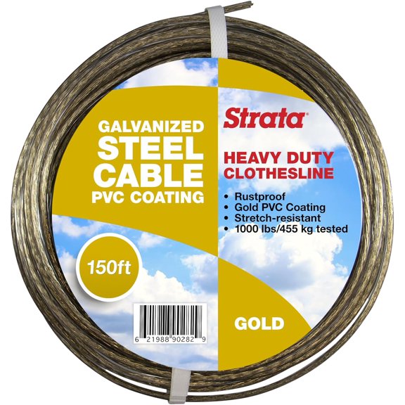 150 Feet Clothesline Outdoor Heavy Duty Galvanized Wire Steel Cable, Gold PVC Coating - Clothes Line Wires for Outside Laundry Drying