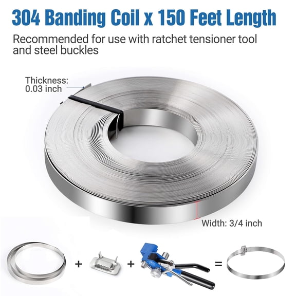 150 Feet Premium S304 Stainless Steel Strapping Banding Roll - 3/4''x 0.03'' Steel Coil, Portable Strong Steel Banding Cable Tie for Heavy Loads, Metal Package Strapping Packing (Plastic Tote)