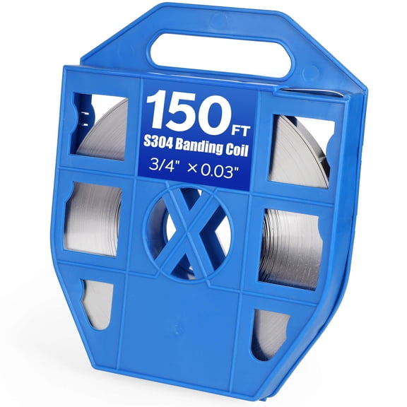 150 Feet Premium S304 Stainless Steel Strapping Banding Roll - 3/4''x 0.03'' Steel Coil, Portable Strong Steel Banding Cable Tie for Heavy Loads, Metal Package Strapping Packing (Plastic Tote)