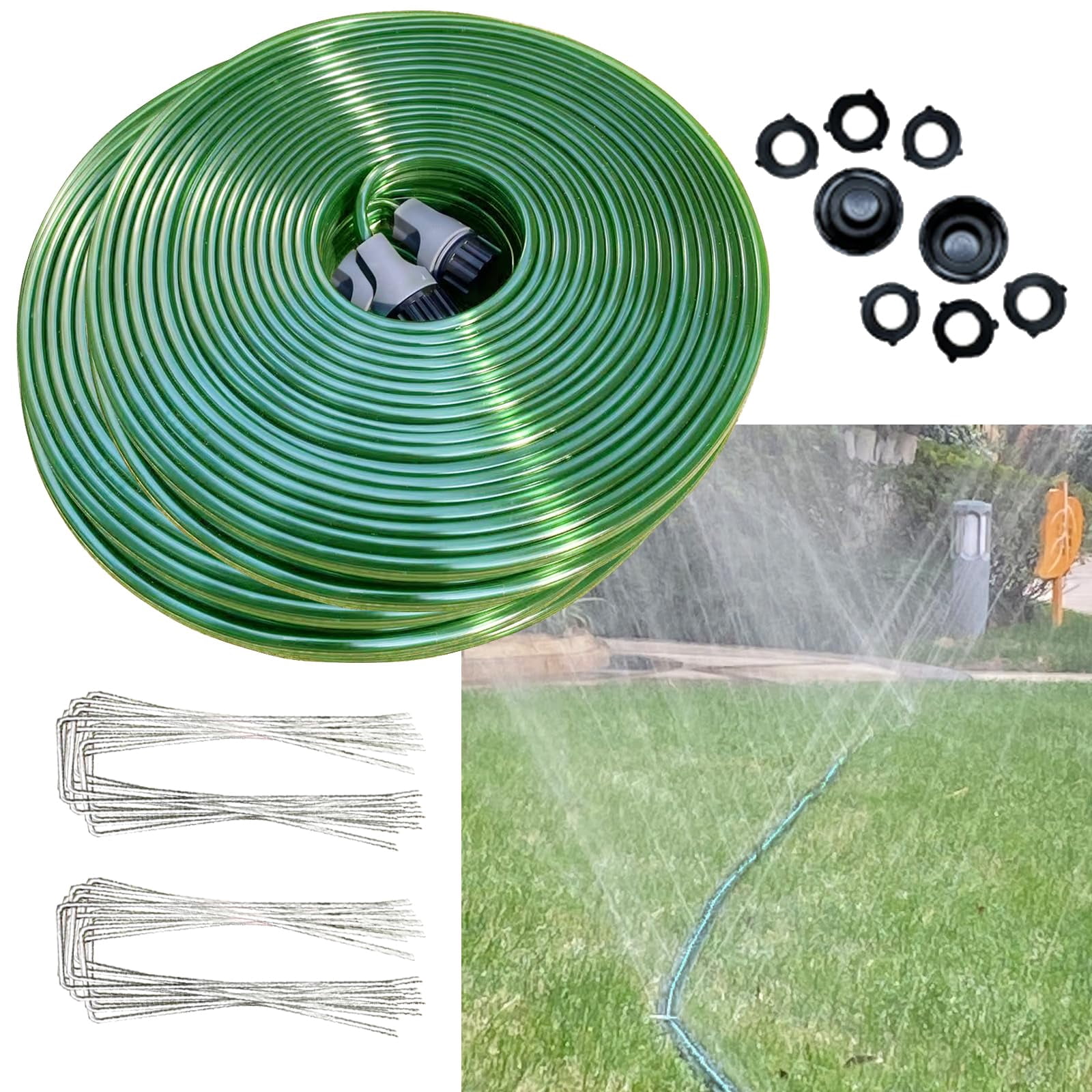 150 Ft (75ft*2) Flat Sprinkler Hose For Lawn Watering Garden Soaker With Holes  Heavy Duty Lightweight No-kink Water Stakes Irrigation Great Fun And Dog