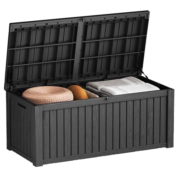 MEOOEM 150-Gallon Black Weather-Resistant Resin Deck Box - Lockable Outdoor Storage Bench with Handles for Patio, Garden & Poolside