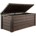 thumbnail image 1 of 150 Gallon Deck Box Organizer, Doubles as 2-Person Bench Seat, Brown – Large Resin Outdoor Storage and Seating with Lockable Lid for Garden, Pool, and Patio, 1 of 10