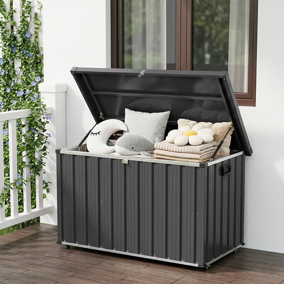 150 Gallon Outdoor Metal Storage Deck Box Waterproof Galvanized Steel Chest, Dual Gas Struts, Rolling Wheels & Handles, Lockable Patio Bin for Cushions, Tools, Pool Floats, Gray