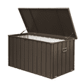 thumbnail image 1 of 150 Gallon Outdoor Storage Box with Lockable Lid & Rolling Wheels, Weatherproof UV-Protected Metal Container for Patio Furniture, Garden Tools, Dark Brown, 1 of 7